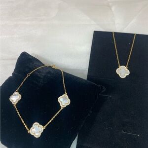 925 Gold Plated Sterling Silver Clover Van Clef like Necklace & Bracelet Set